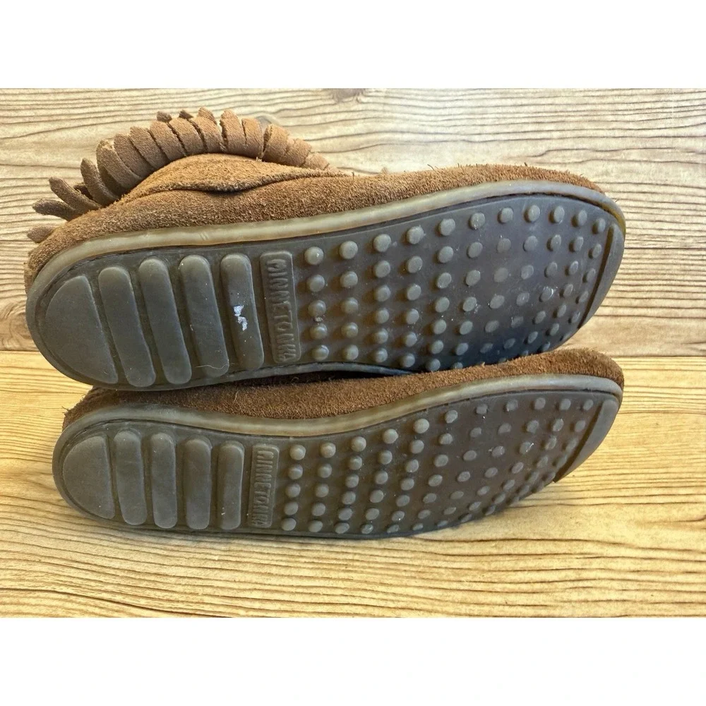 Minnetonka Moccasins Brown Double Fringe Leather Bootie Ankle Boots Girls Sz 3‎